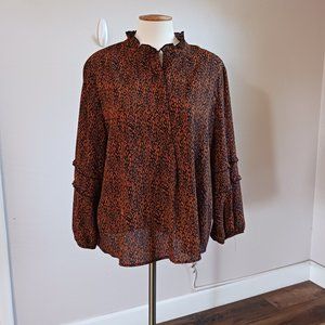 ECO Nanette Ruffle Collar Loose Fit Brown & Black Print Blouse - Career/Casual